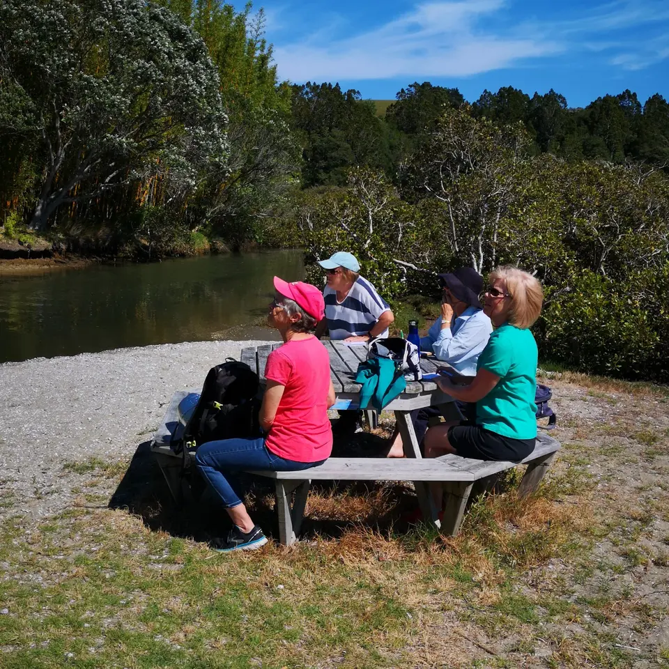 New bird counters with binoculars at a picnic table by the estuary