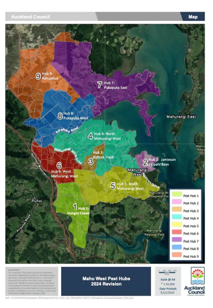 Map of Mahurangi West showing the nine coloured trapping hubs